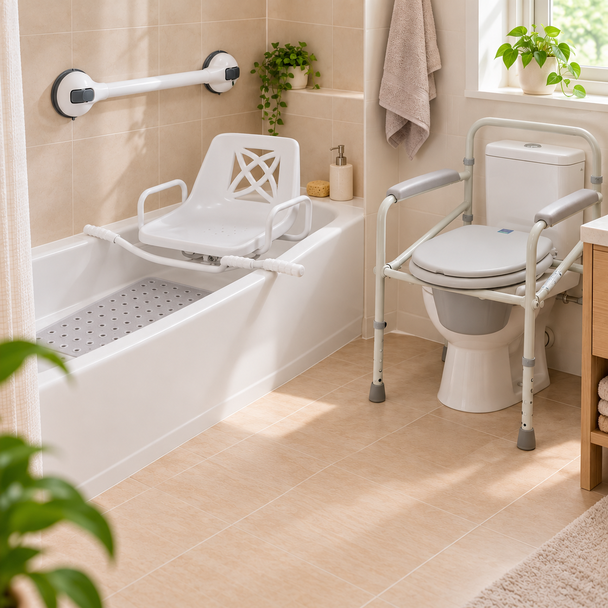 Pack Segurança na Casa de Banho (Tapete + Apoio + Cadeira Sanitária + Cadeira Rotativa)