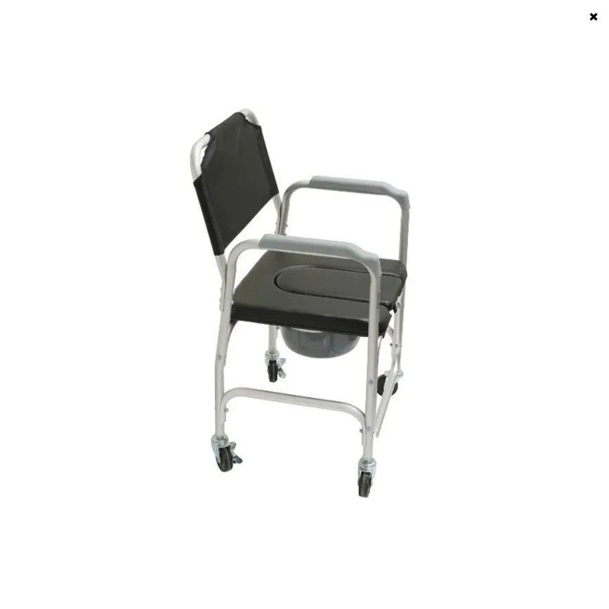 Cadeira Sanitária em alumínio com Assento Preto em PVC com 4 rodas (diam 8cm)