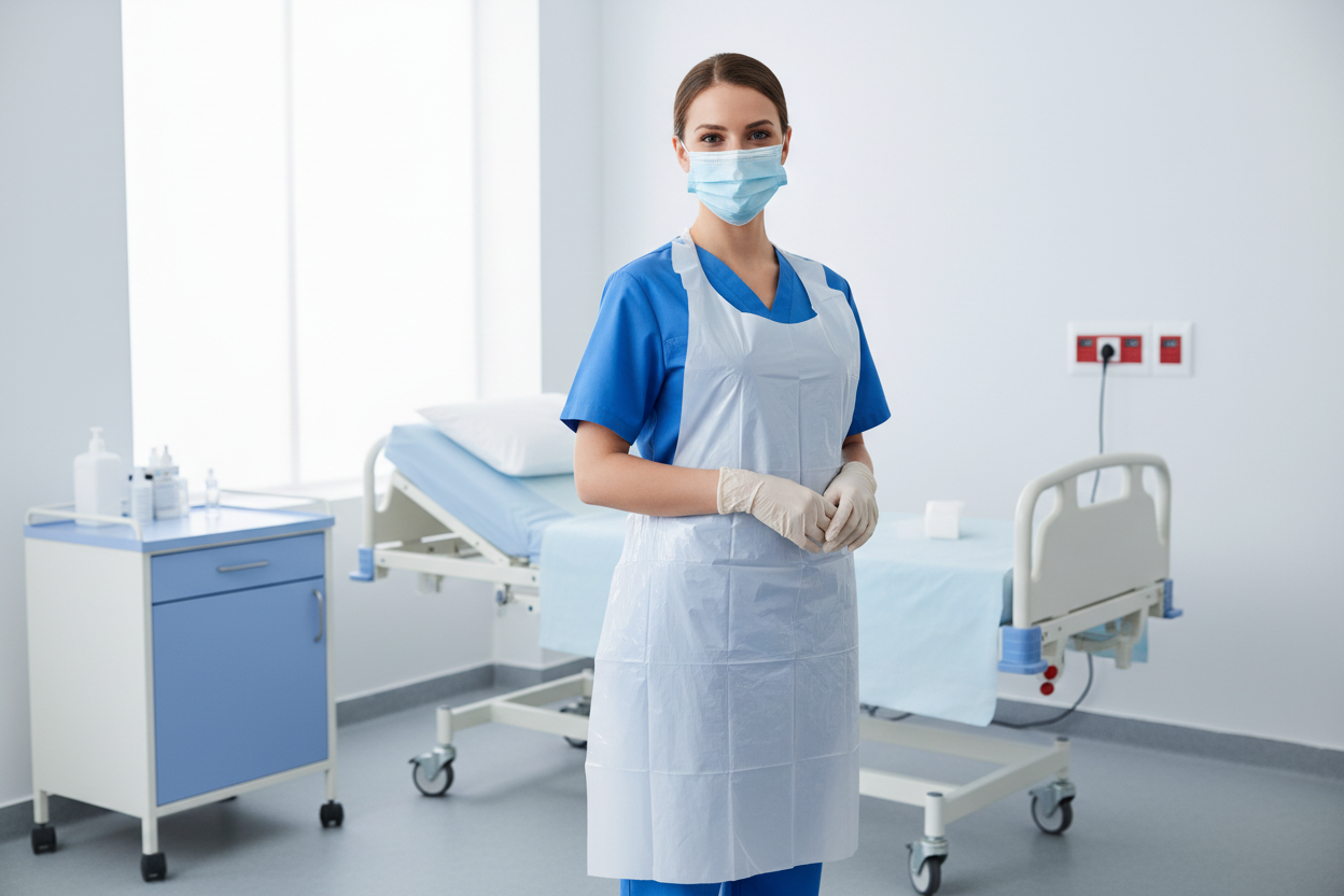 Enfermeira com aventais descartáveis