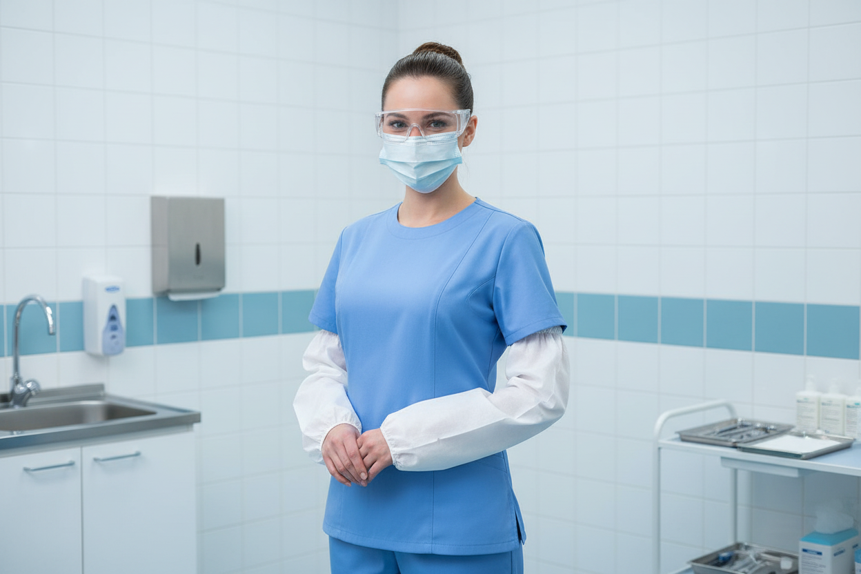 Enfermeira com manguitos descartáveis