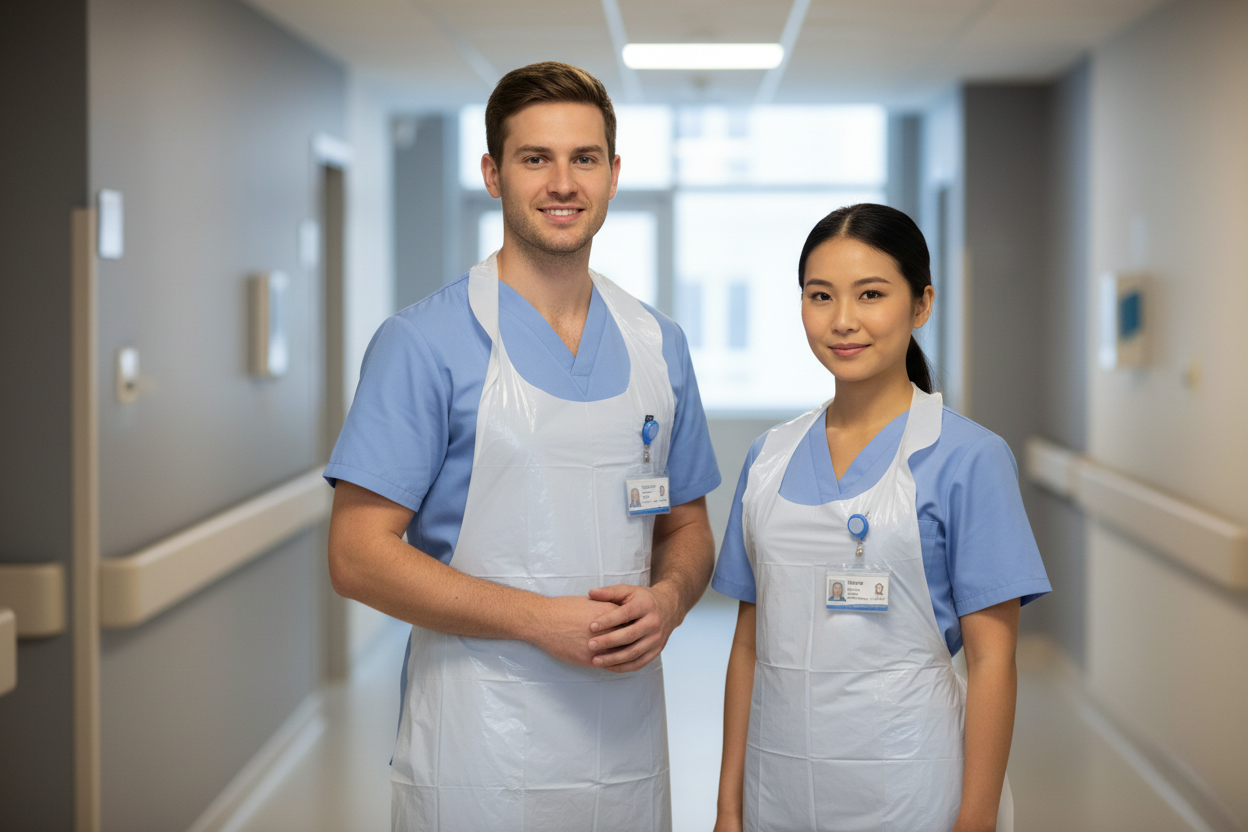 Enfermeiro e enfermeira com aventais descartáveis