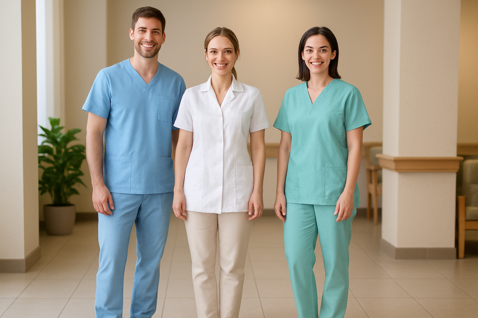 group of 3 caregivers - they are young, both men and women, dressed appropriately for taking care of elderly people