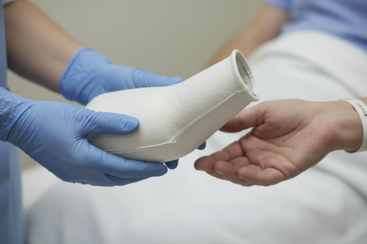 Mão de enfermeira a entregar urinol descartável