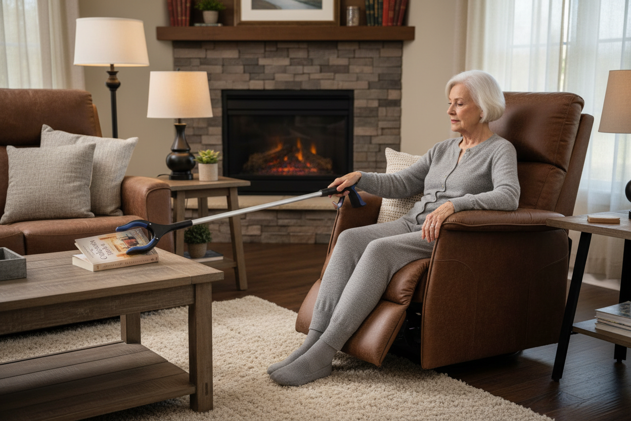 Pessoa usando Pinça de pegar objetos rotativa AU122 sentada na Poltrona elétrica Evosofy