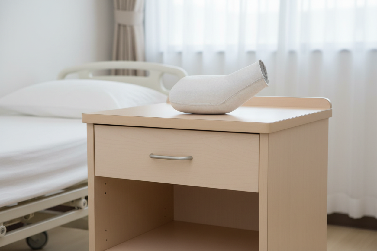 Urinol descartável na mesa de cabeceira